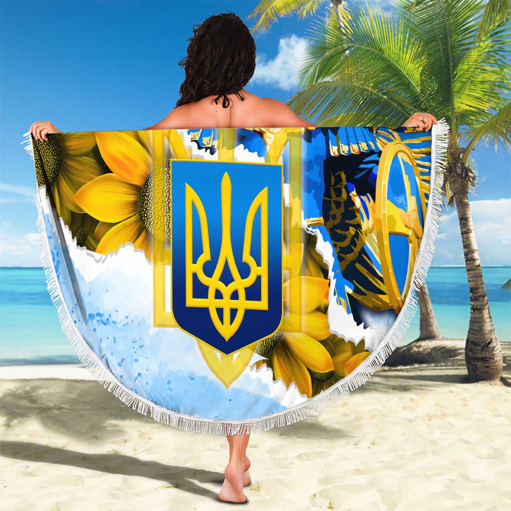 Ukraine Archangel Michael Beach Blanket with Trident Emblem and Sunflowers Design