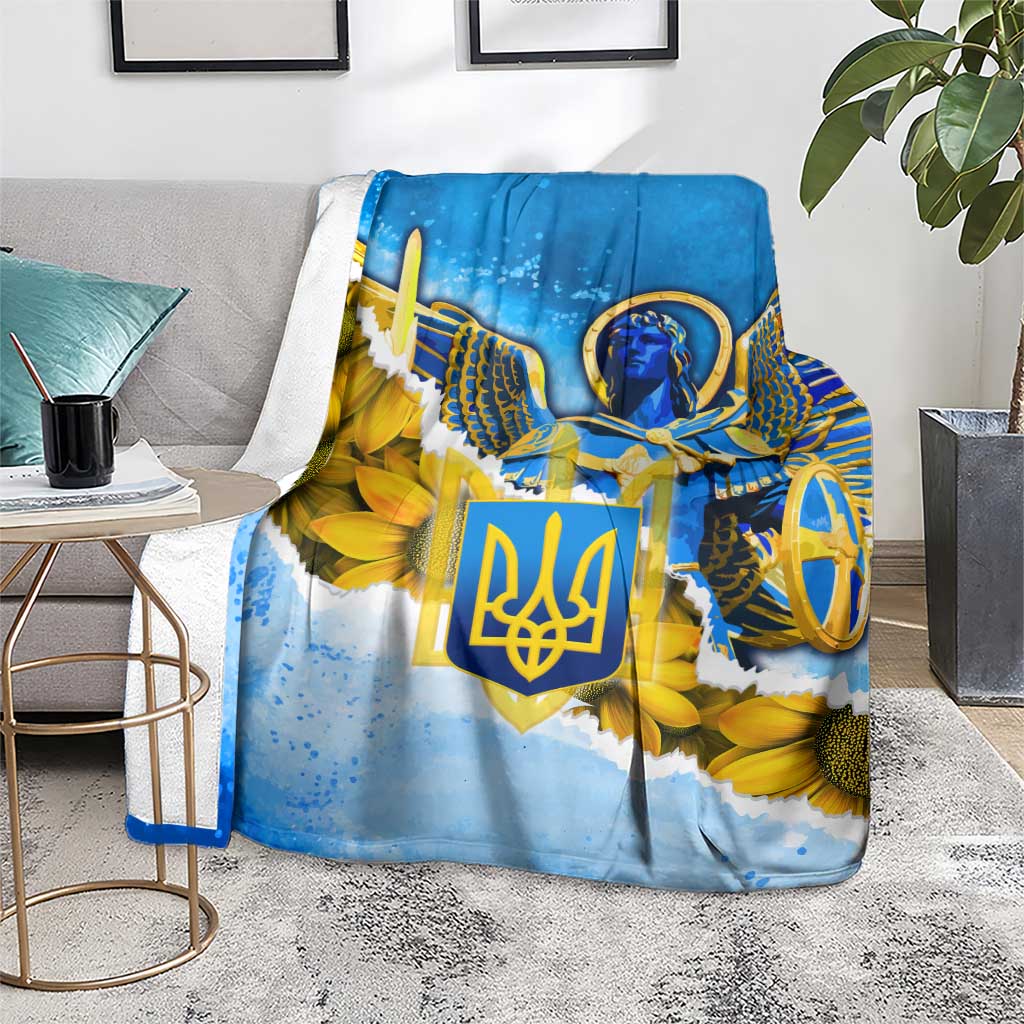 Ukraine Archangel Michael Blanket with Trident Emblem and Sunflowers Design