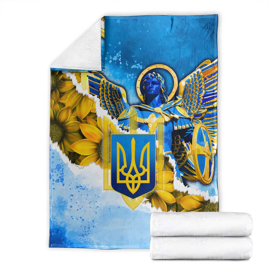 Ukraine Archangel Michael Blanket with Trident Emblem and Sunflowers Design