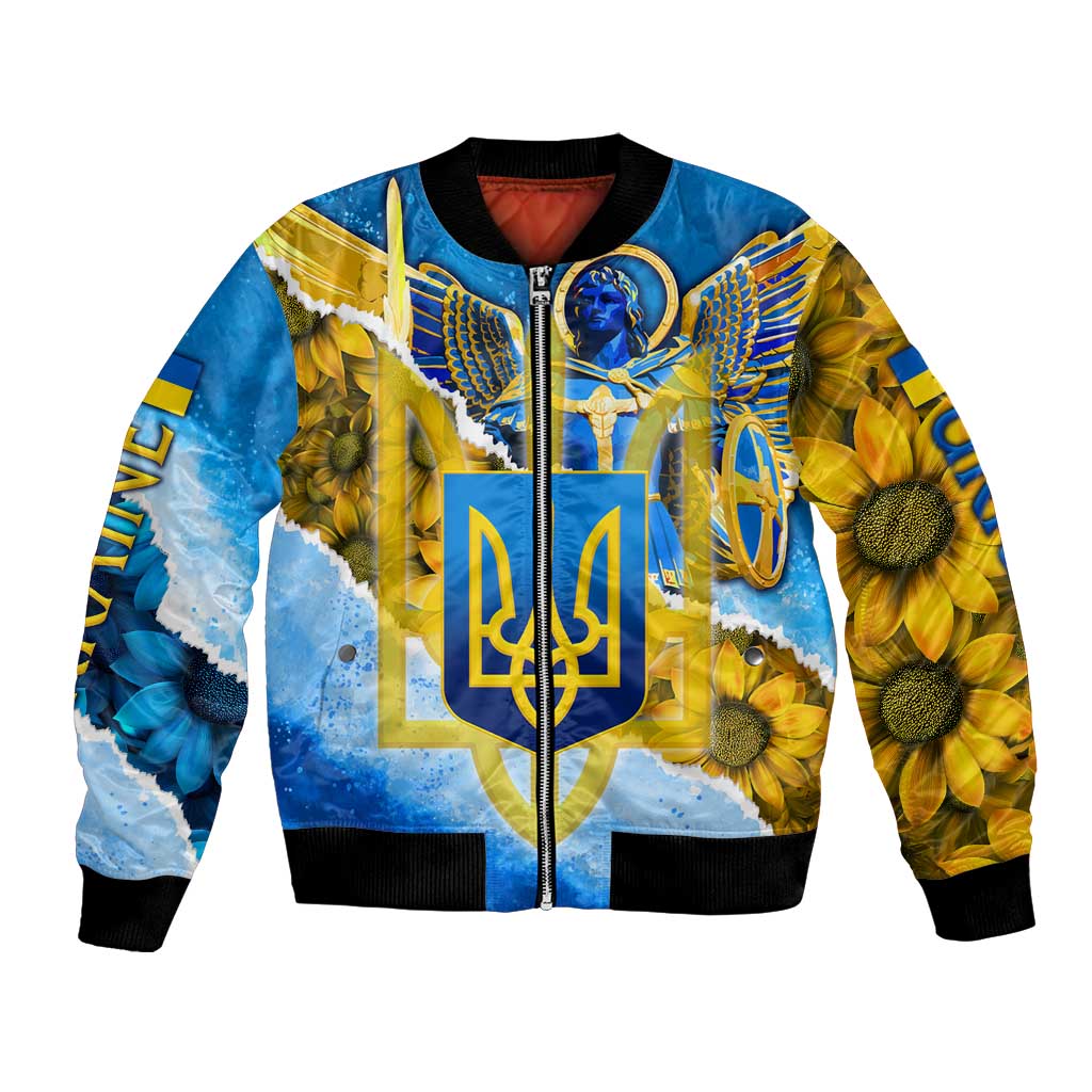 Ukraine Archangel Michael Bomber Jacket with Trident Emblem and Sunflowers Design