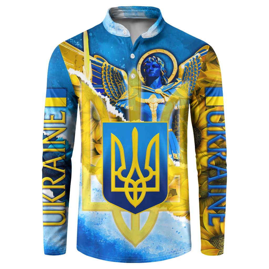 Ukraine Archangel Michael Button Sweatshirt with Trident Emblem and Sunflowers Design