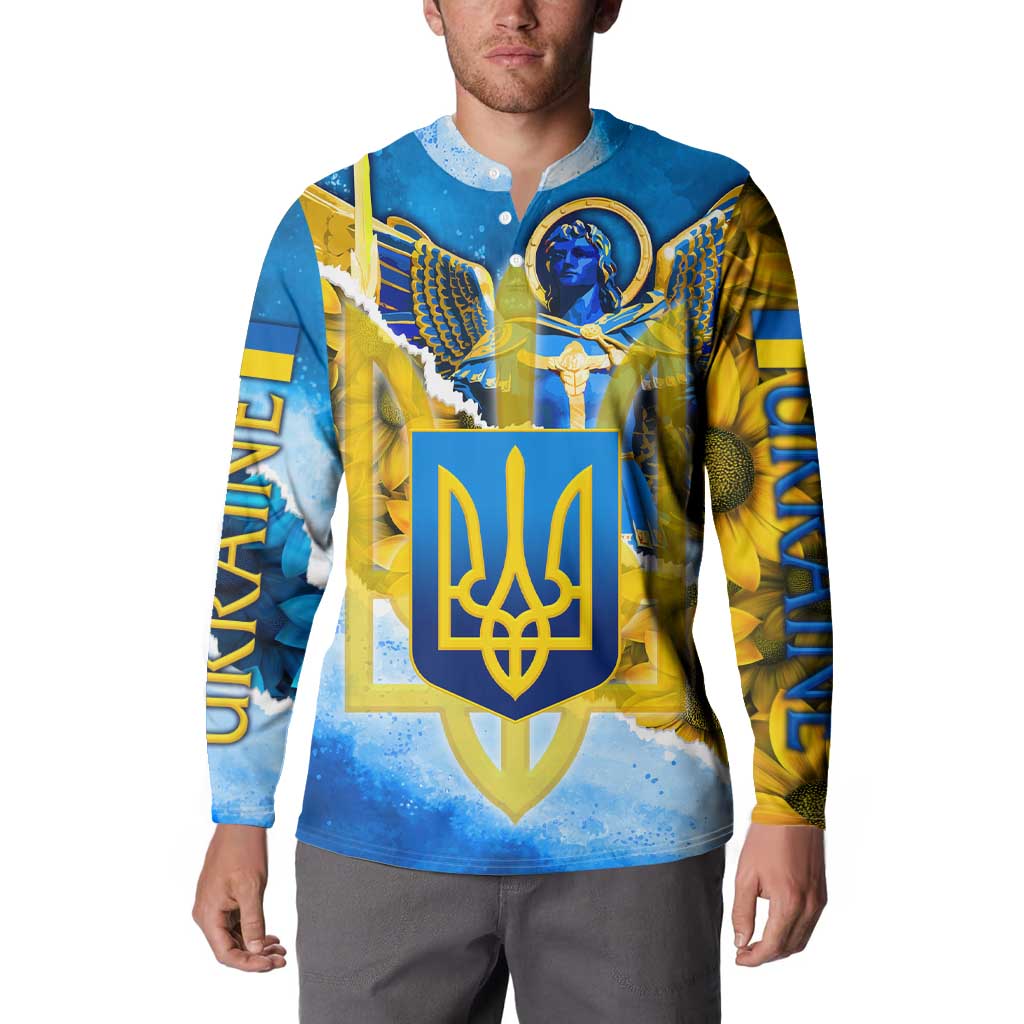 Ukraine Archangel Michael Button Sweatshirt with Trident Emblem and Sunflowers Design