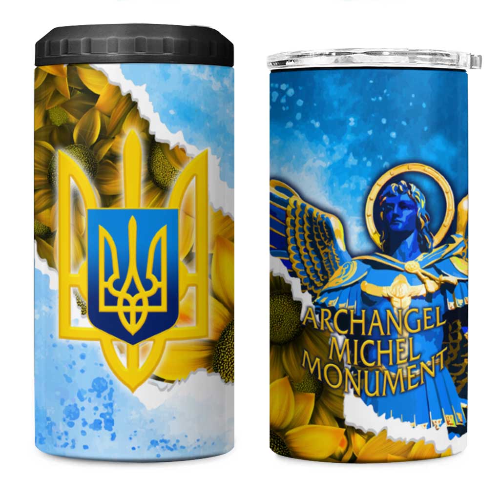 Ukraine Archangel Michael 4 in 1 Can Cooler Tumbler with Trident Emblem and Sunflowers Design