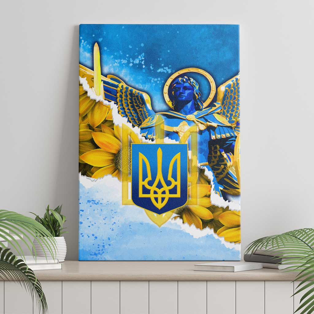 Ukraine Archangel Michael Canvas Wall Art with Trident Emblem and Sunflowers Design