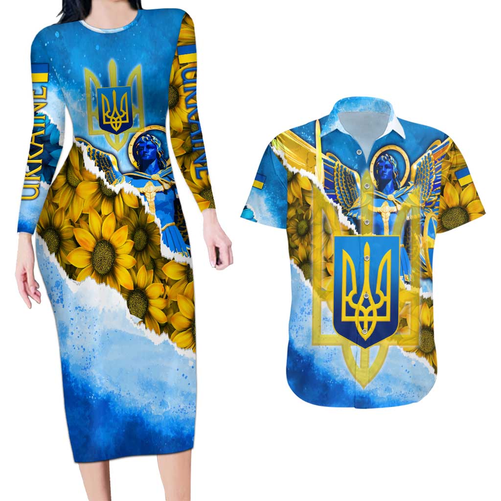Ukraine Archangel Michael Couples Matching Long Sleeve Bodycon Dress and Hawaiian Shirt with Trident Emblem and Sunflowers Design