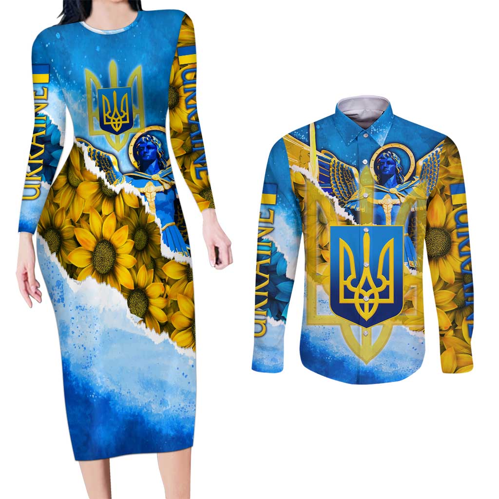Ukraine Archangel Michael Couples Matching Long Sleeve Bodycon Dress and Long Sleeve Button Shirt with Trident Emblem and Sunflowers Design