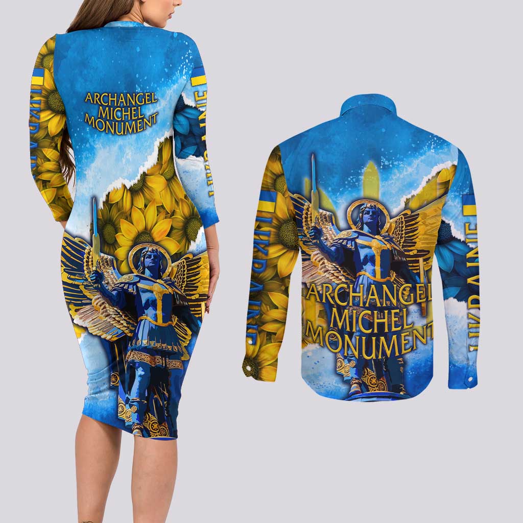 Ukraine Archangel Michael Couples Matching Long Sleeve Bodycon Dress and Long Sleeve Button Shirt with Trident Emblem and Sunflowers Design