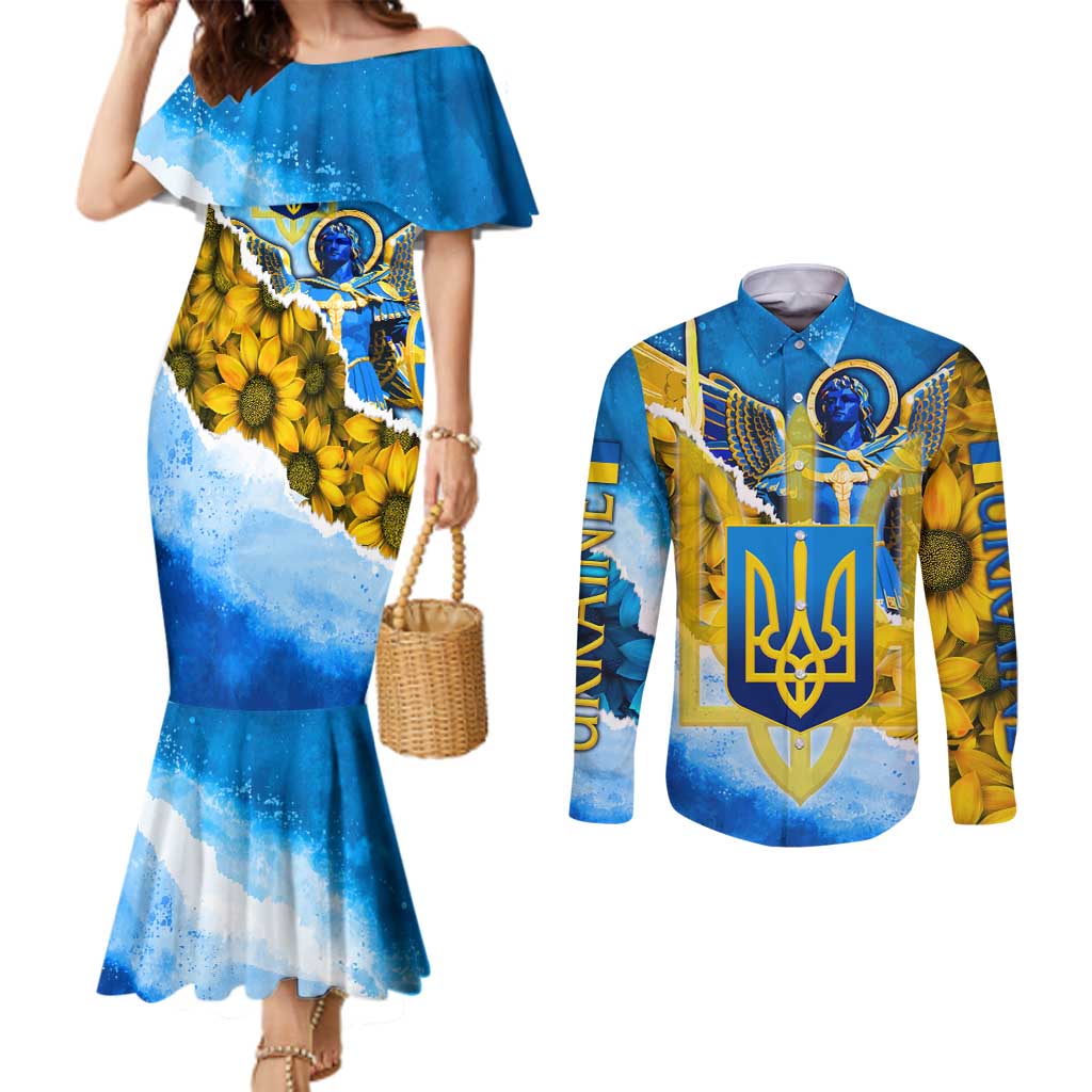 Ukraine Archangel Michael Couples Matching Mermaid Dress and Long Sleeve Button Shirt with Trident Emblem and Sunflowers Design