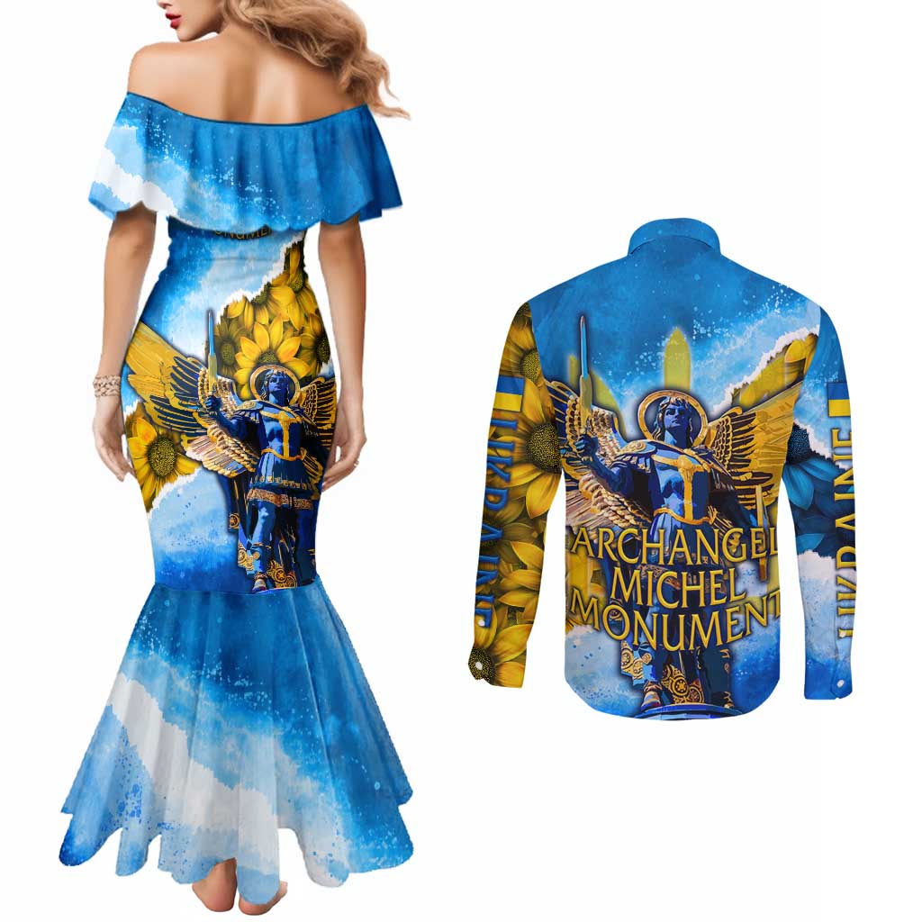 Ukraine Archangel Michael Couples Matching Mermaid Dress and Long Sleeve Button Shirt with Trident Emblem and Sunflowers Design