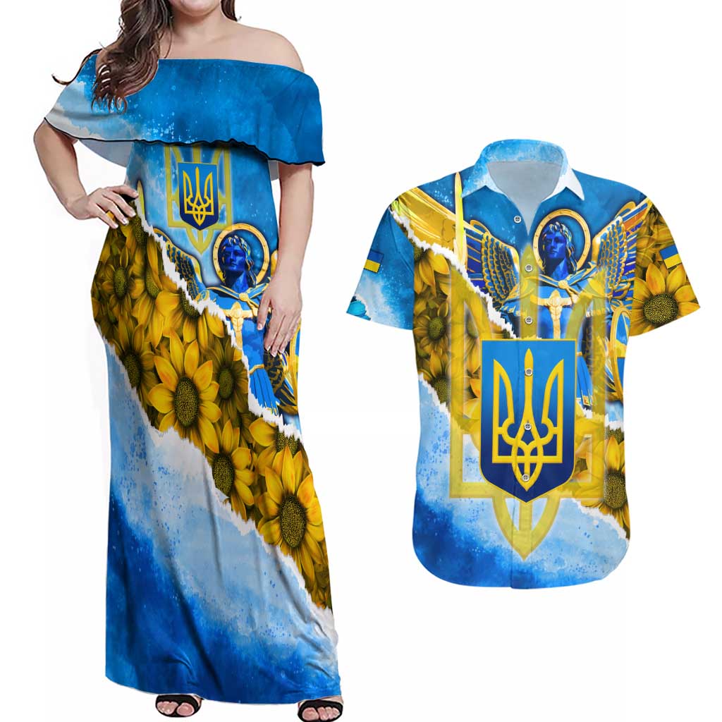 Ukraine Archangel Michael Couples Matching Off Shoulder Maxi Dress and Hawaiian Shirt with Trident Emblem and Sunflowers Design
