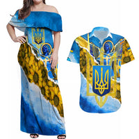 Ukraine Archangel Michael Couples Matching Off Shoulder Maxi Dress and Hawaiian Shirt with Trident Emblem and Sunflowers Design