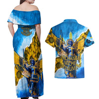 Ukraine Archangel Michael Couples Matching Off Shoulder Maxi Dress and Hawaiian Shirt with Trident Emblem and Sunflowers Design
