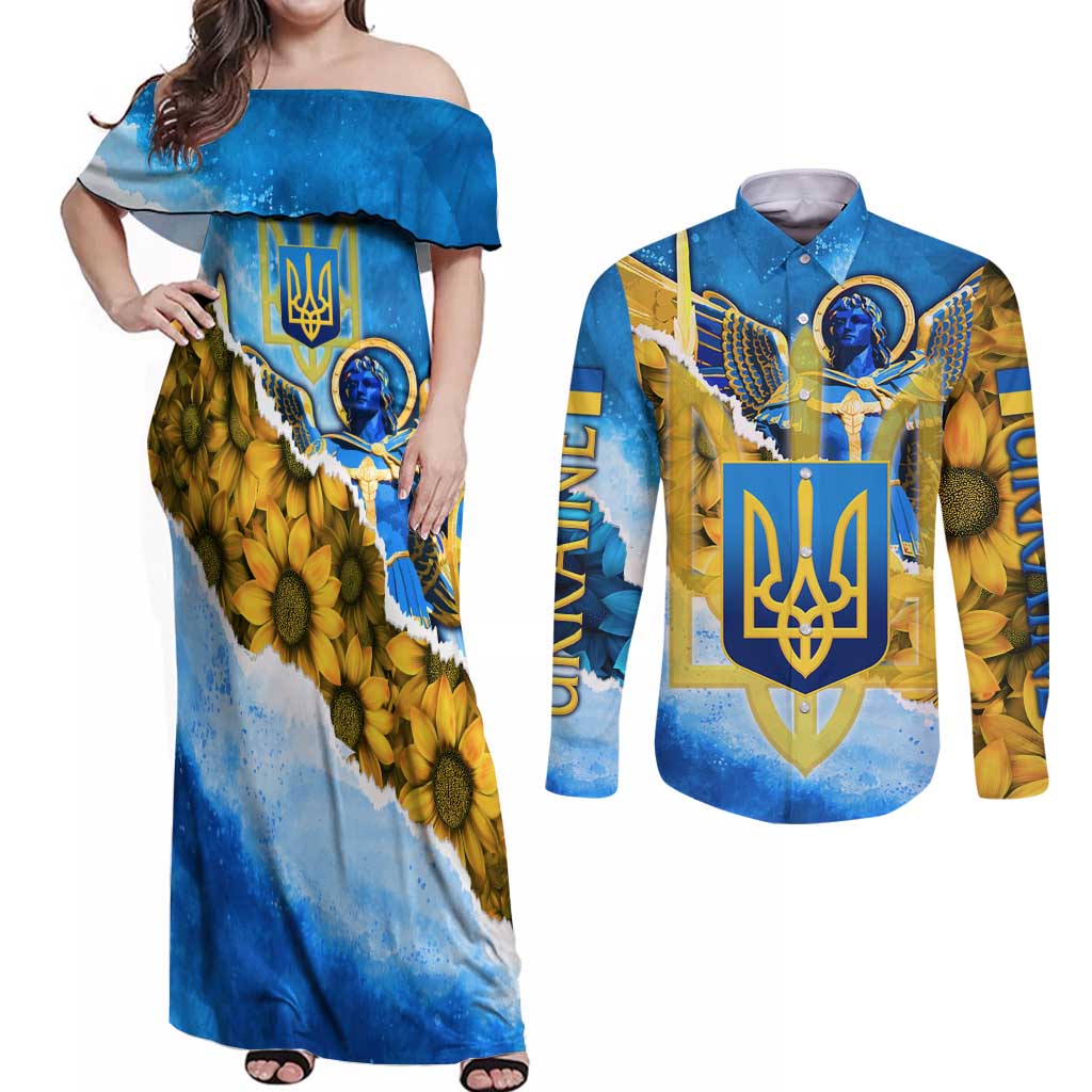 Ukraine Archangel Michael Couples Matching Off Shoulder Maxi Dress and Long Sleeve Button Shirt with Trident Emblem and Sunflowers Design