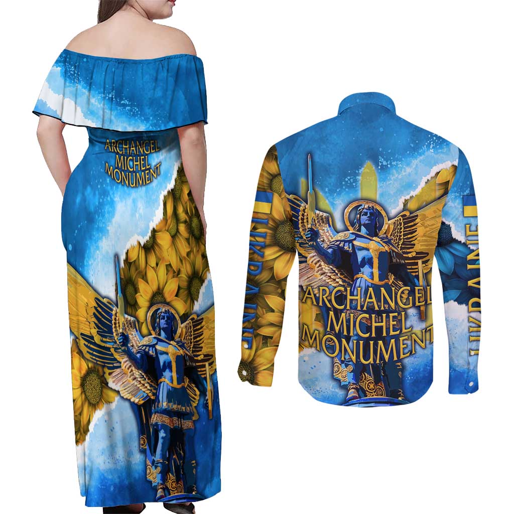 Ukraine Archangel Michael Couples Matching Off Shoulder Maxi Dress and Long Sleeve Button Shirt with Trident Emblem and Sunflowers Design