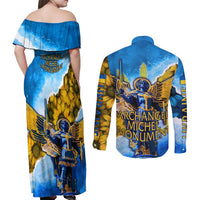 Ukraine Archangel Michael Couples Matching Off Shoulder Maxi Dress and Long Sleeve Button Shirt with Trident Emblem and Sunflowers Design