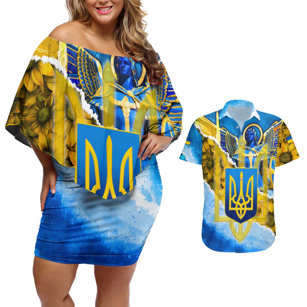 Ukraine Archangel Michael Couples Matching Off Shoulder Short Dress and Hawaiian Shirt with Trident Emblem and Sunflowers Design