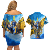 Ukraine Archangel Michael Couples Matching Off Shoulder Short Dress and Hawaiian Shirt with Trident Emblem and Sunflowers Design