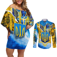 Ukraine Archangel Michael Couples Matching Off Shoulder Short Dress and Long Sleeve Button Shirt with Trident Emblem and Sunflowers Design