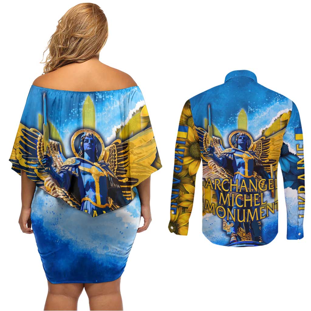 Ukraine Archangel Michael Couples Matching Off Shoulder Short Dress and Long Sleeve Button Shirt with Trident Emblem and Sunflowers Design