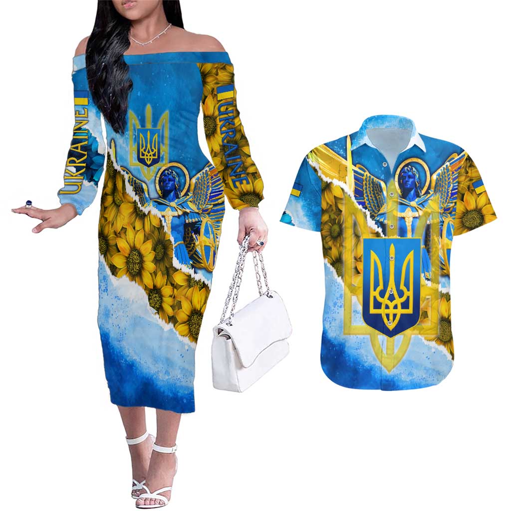 Ukraine Archangel Michael Couples Matching Off The Shoulder Long Sleeve Dress and Hawaiian Shirt with Trident Emblem and Sunflowers Design