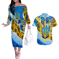 Ukraine Archangel Michael Couples Matching Off The Shoulder Long Sleeve Dress and Hawaiian Shirt with Trident Emblem and Sunflowers Design