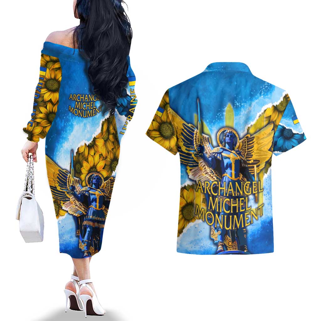 Ukraine Archangel Michael Couples Matching Off The Shoulder Long Sleeve Dress and Hawaiian Shirt with Trident Emblem and Sunflowers Design
