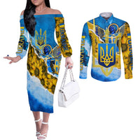 Ukraine Archangel Michael Couples Matching Off The Shoulder Long Sleeve Dress and Long Sleeve Button Shirt with Trident Emblem and Sunflowers Design
