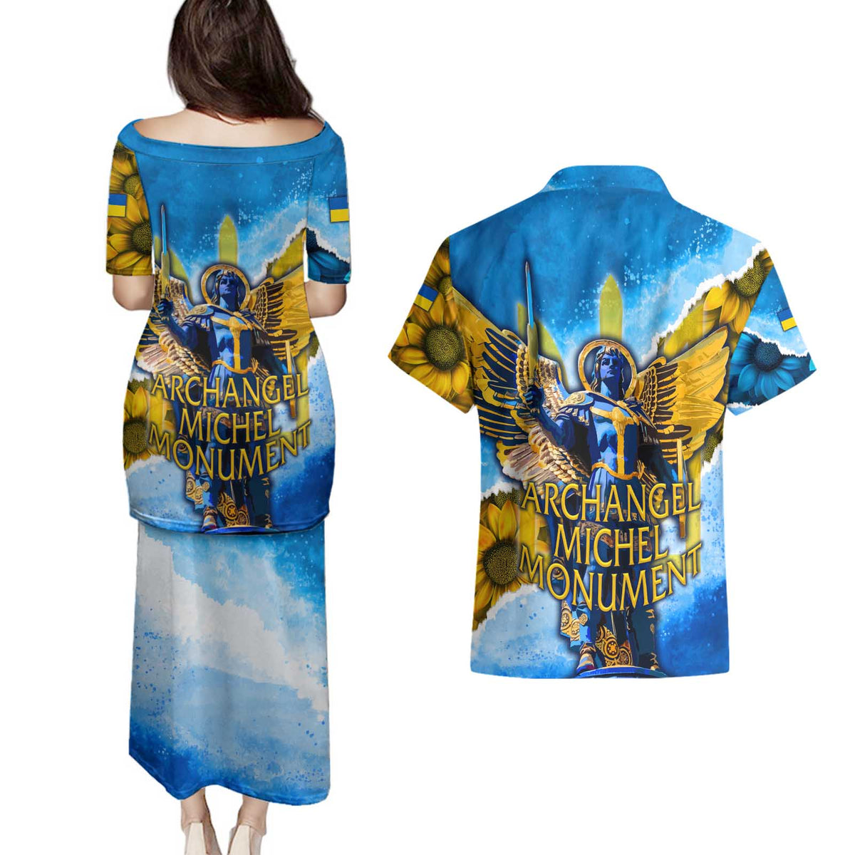 Ukraine Archangel Michael Couples Matching Puletasi and Hawaiian Shirt with Trident Emblem and Sunflowers Design