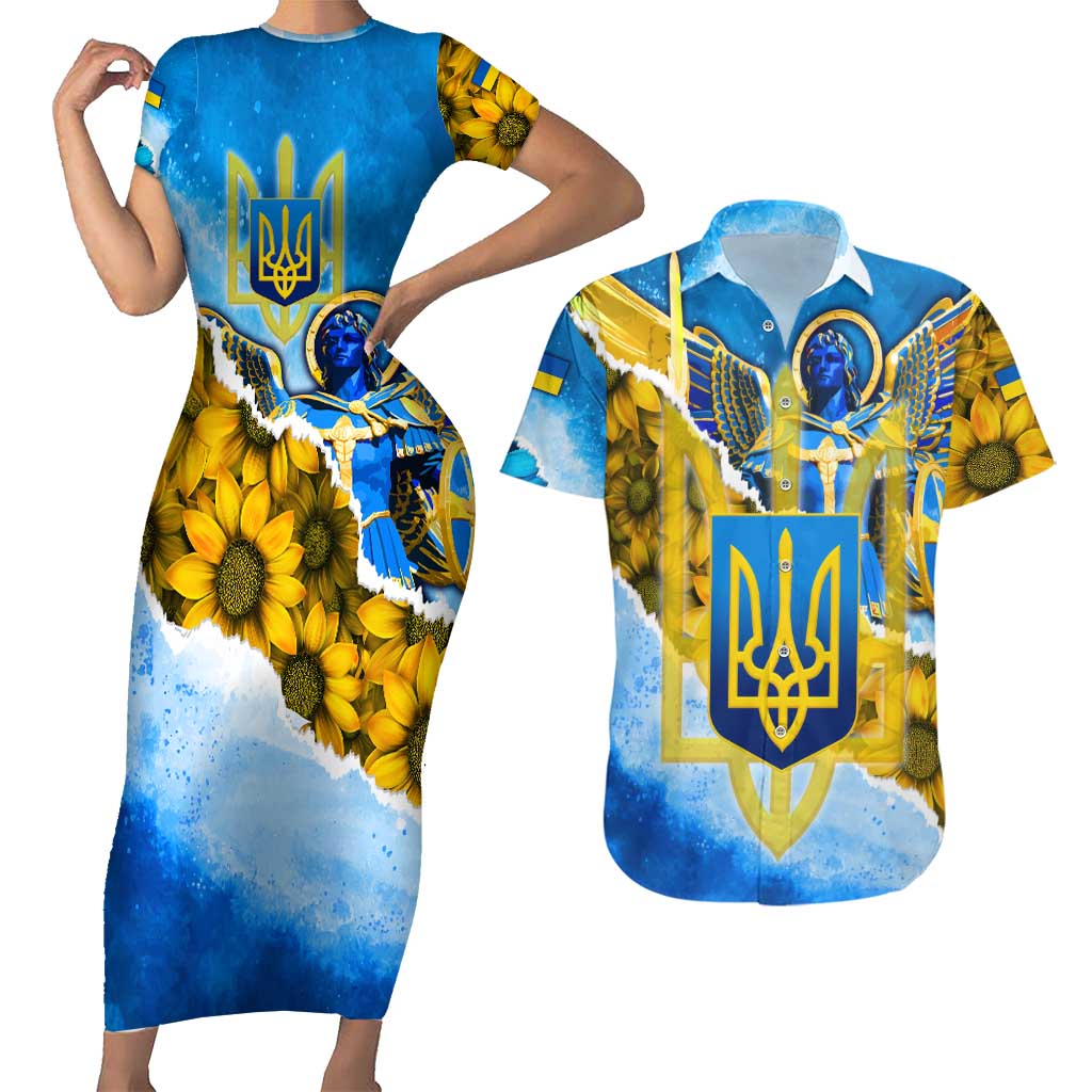 Ukraine Archangel Michael Couples Matching Short Sleeve Bodycon Dress and Hawaiian Shirt with Trident Emblem and Sunflowers Design