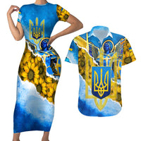 Ukraine Archangel Michael Couples Matching Short Sleeve Bodycon Dress and Hawaiian Shirt with Trident Emblem and Sunflowers Design