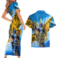 Ukraine Archangel Michael Couples Matching Short Sleeve Bodycon Dress and Hawaiian Shirt with Trident Emblem and Sunflowers Design