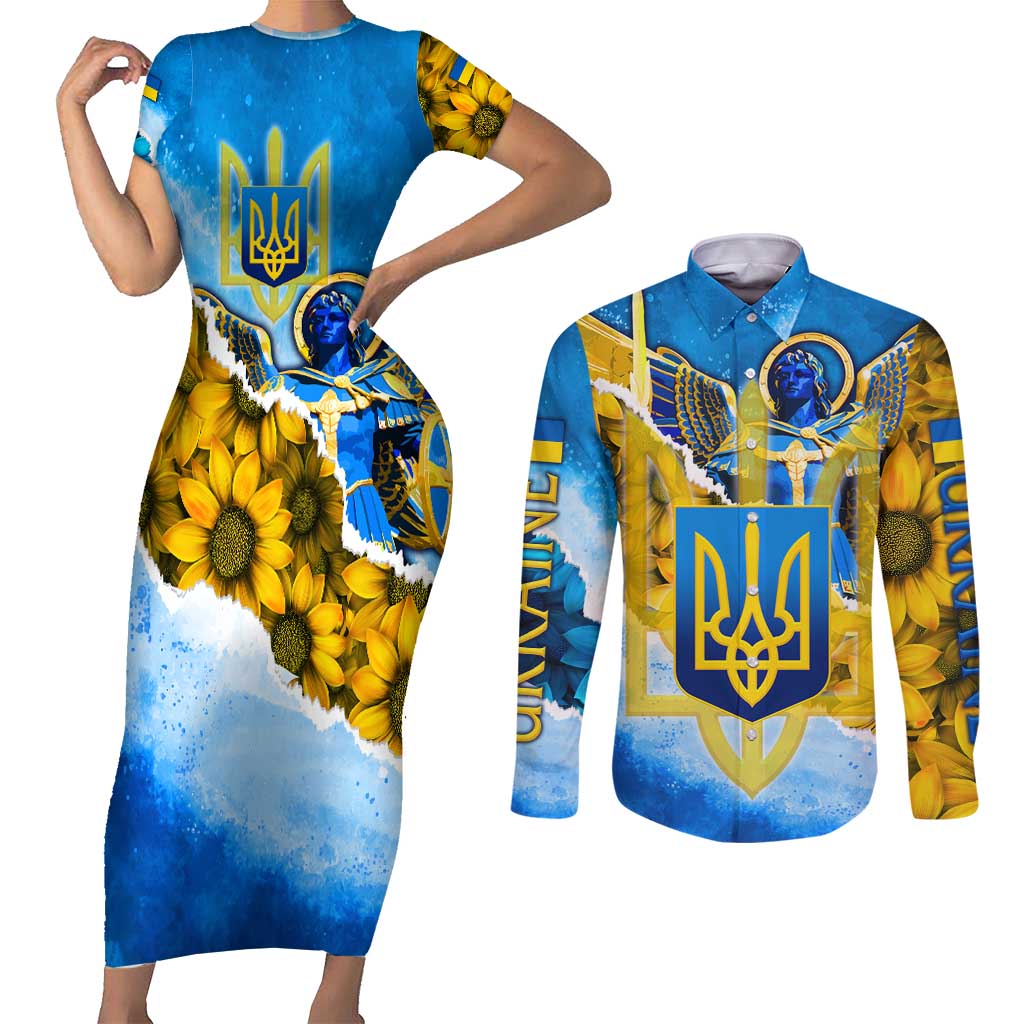 Ukraine Archangel Michael Couples Matching Short Sleeve Bodycon Dress and Long Sleeve Button Shirt with Trident Emblem and Sunflowers Design