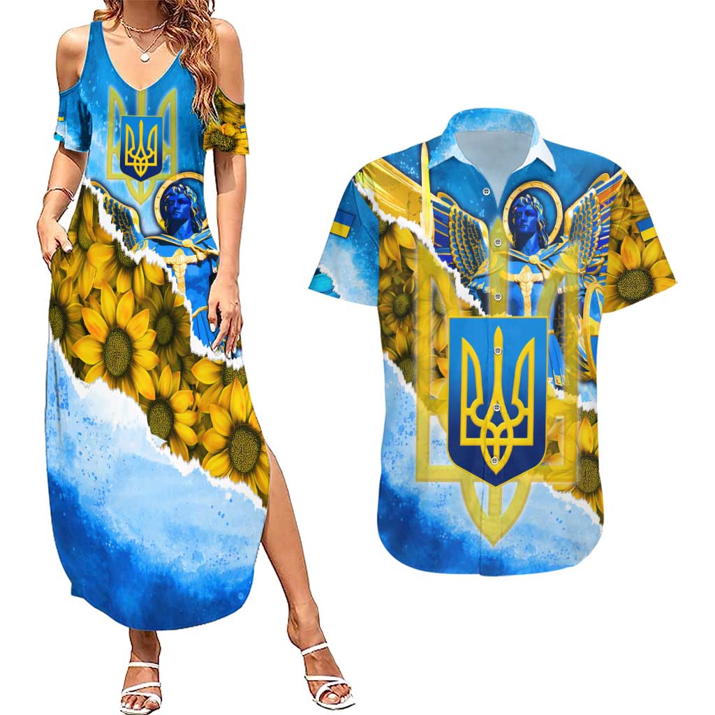 Ukraine Archangel Michael Couples Matching Summer Maxi Dress and Hawaiian Shirt with Trident Emblem and Sunflowers Design