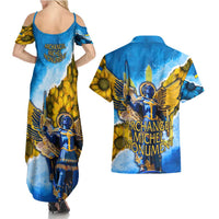 Ukraine Archangel Michael Couples Matching Summer Maxi Dress and Hawaiian Shirt with Trident Emblem and Sunflowers Design