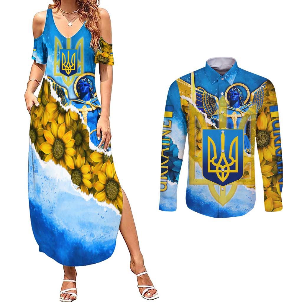 Ukraine Archangel Michael Couples Matching Summer Maxi Dress and Long Sleeve Button Shirt with Trident Emblem and Sunflowers Design