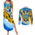 Ukraine Archangel Michael Couples Matching Summer Maxi Dress and Long Sleeve Button Shirt with Trident Emblem and Sunflowers Design