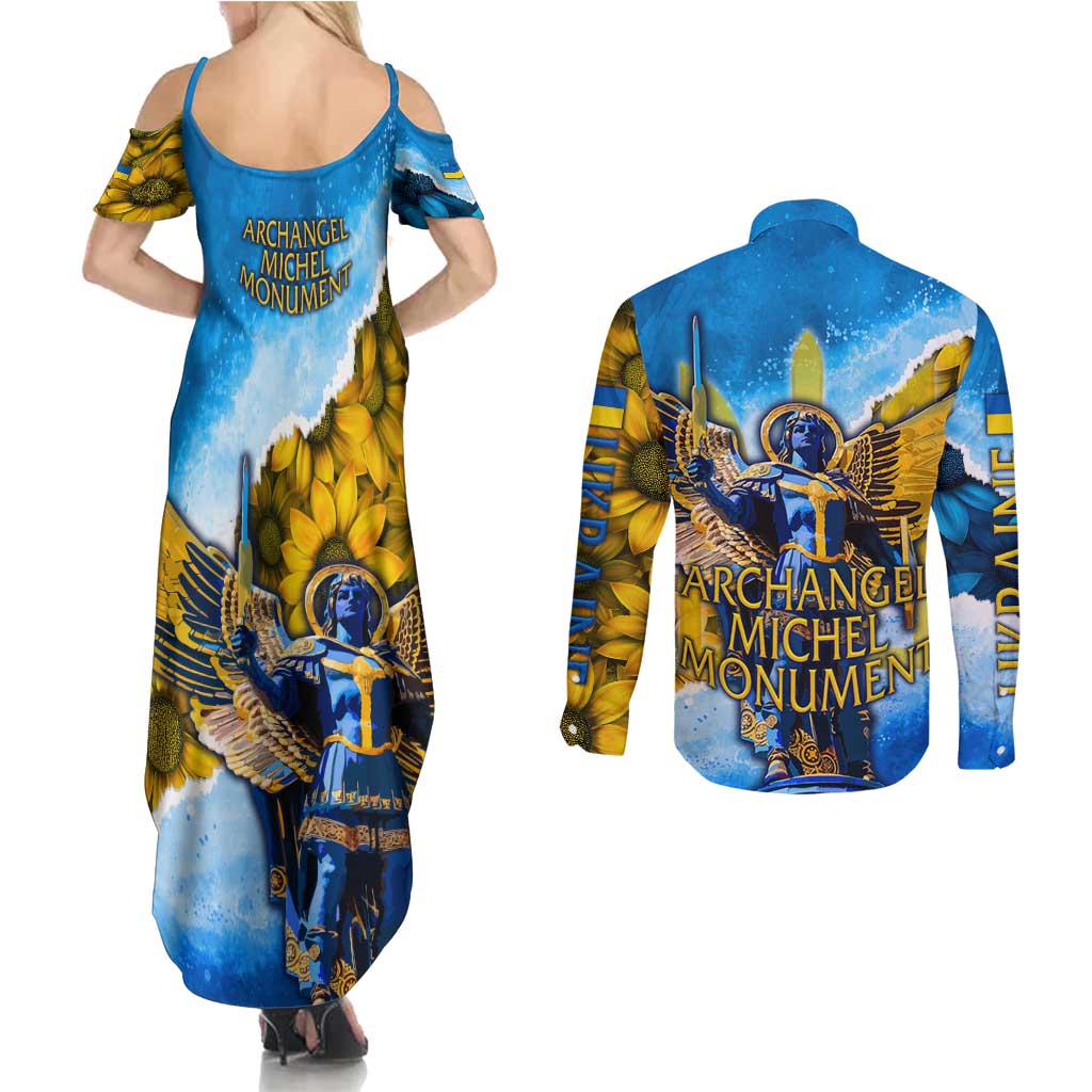 Ukraine Archangel Michael Couples Matching Summer Maxi Dress and Long Sleeve Button Shirt with Trident Emblem and Sunflowers Design