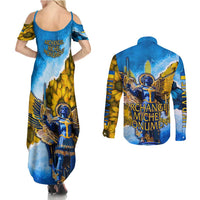 Ukraine Archangel Michael Couples Matching Summer Maxi Dress and Long Sleeve Button Shirt with Trident Emblem and Sunflowers Design