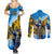 Ukraine Archangel Michael Couples Matching Summer Maxi Dress and Long Sleeve Button Shirt with Trident Emblem and Sunflowers Design
