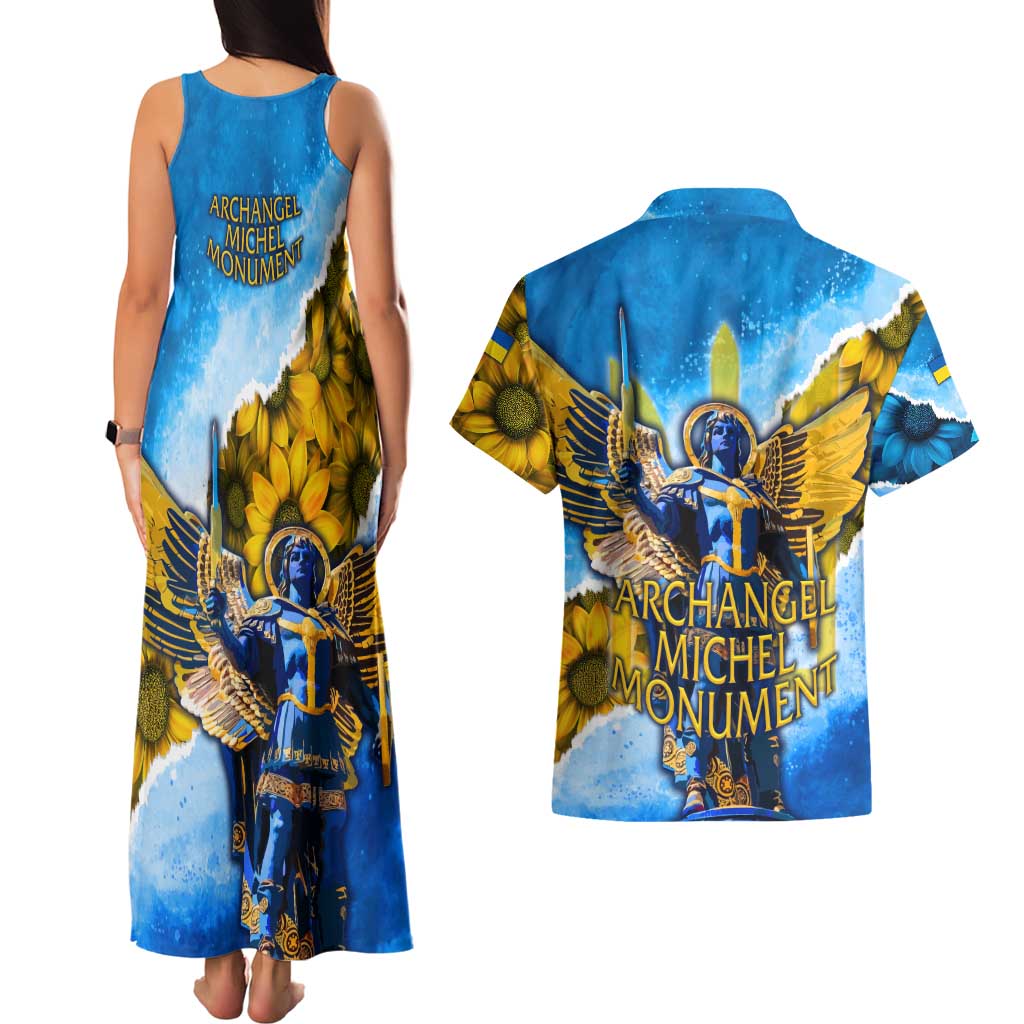 Ukraine Archangel Michael Couples Matching Tank Maxi Dress and Hawaiian Shirt with Trident Emblem and Sunflowers Design