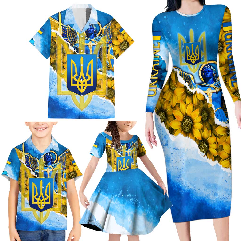 Ukraine Archangel Michael Family Matching Long Sleeve Bodycon Dress and Hawaiian Shirt with Trident Emblem and Sunflowers Design