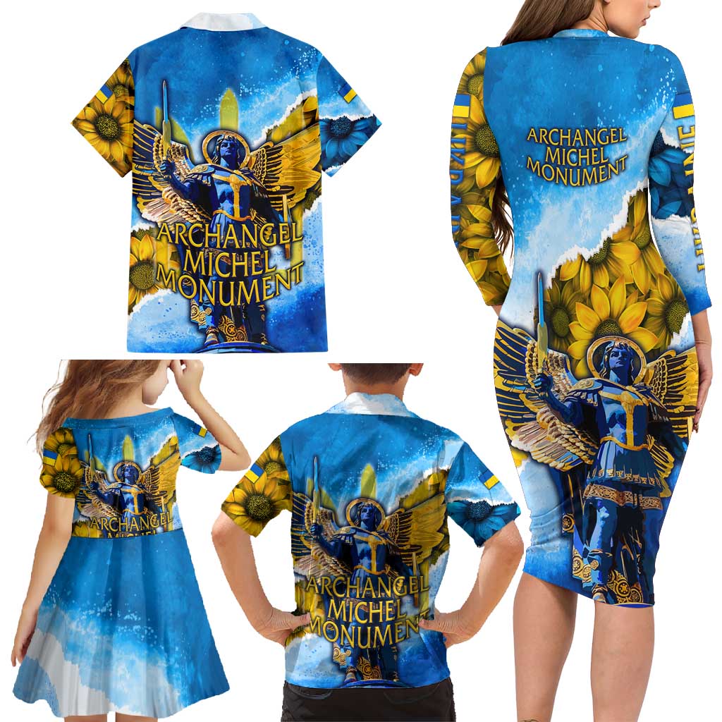 Ukraine Archangel Michael Family Matching Long Sleeve Bodycon Dress and Hawaiian Shirt with Trident Emblem and Sunflowers Design