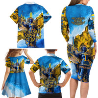Ukraine Archangel Michael Family Matching Long Sleeve Bodycon Dress and Hawaiian Shirt with Trident Emblem and Sunflowers Design