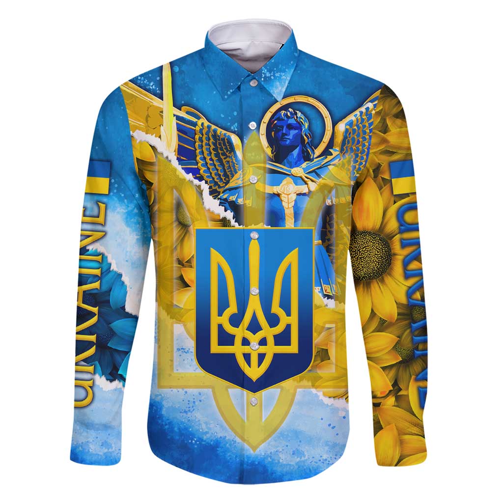 Ukraine Archangel Michael Family Matching Long Sleeve Bodycon Dress and Hawaiian Shirt with Trident Emblem and Sunflowers Design