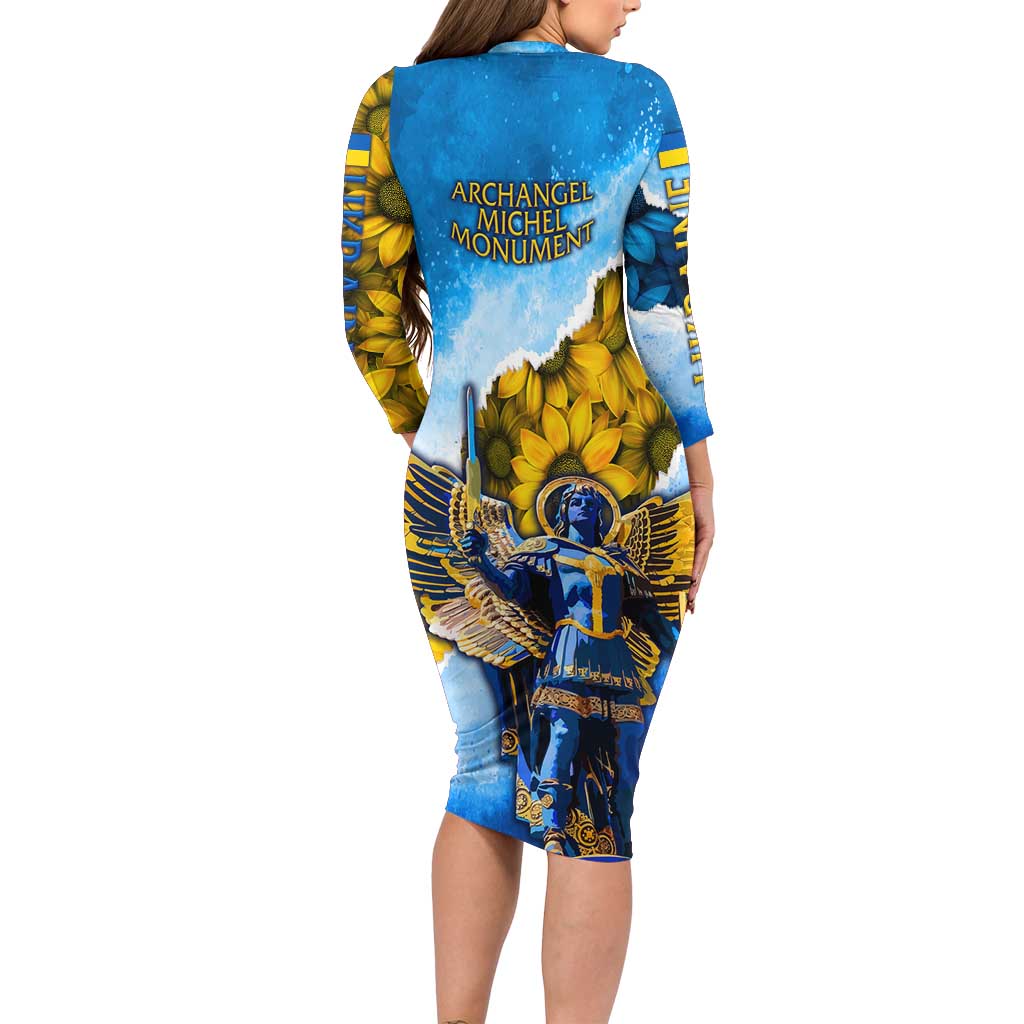 Ukraine Archangel Michael Family Matching Long Sleeve Bodycon Dress and Hawaiian Shirt with Trident Emblem and Sunflowers Design