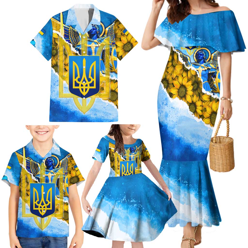 Ukraine Archangel Michael Family Matching Mermaid Dress and Hawaiian Shirt with Trident Emblem and Sunflowers Design