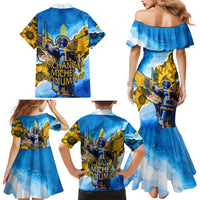 Ukraine Archangel Michael Family Matching Mermaid Dress and Hawaiian Shirt with Trident Emblem and Sunflowers Design