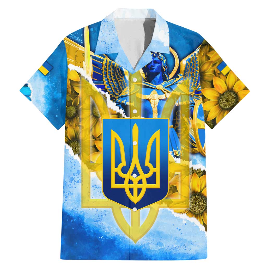 Ukraine Archangel Michael Family Matching Mermaid Dress and Hawaiian Shirt with Trident Emblem and Sunflowers Design