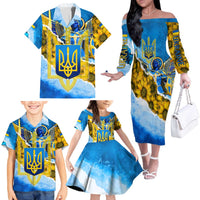 Ukraine Archangel Michael Family Matching Off The Shoulder Long Sleeve Dress and Hawaiian Shirt with Trident Emblem and Sunflowers Design