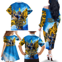 Ukraine Archangel Michael Family Matching Off The Shoulder Long Sleeve Dress and Hawaiian Shirt with Trident Emblem and Sunflowers Design